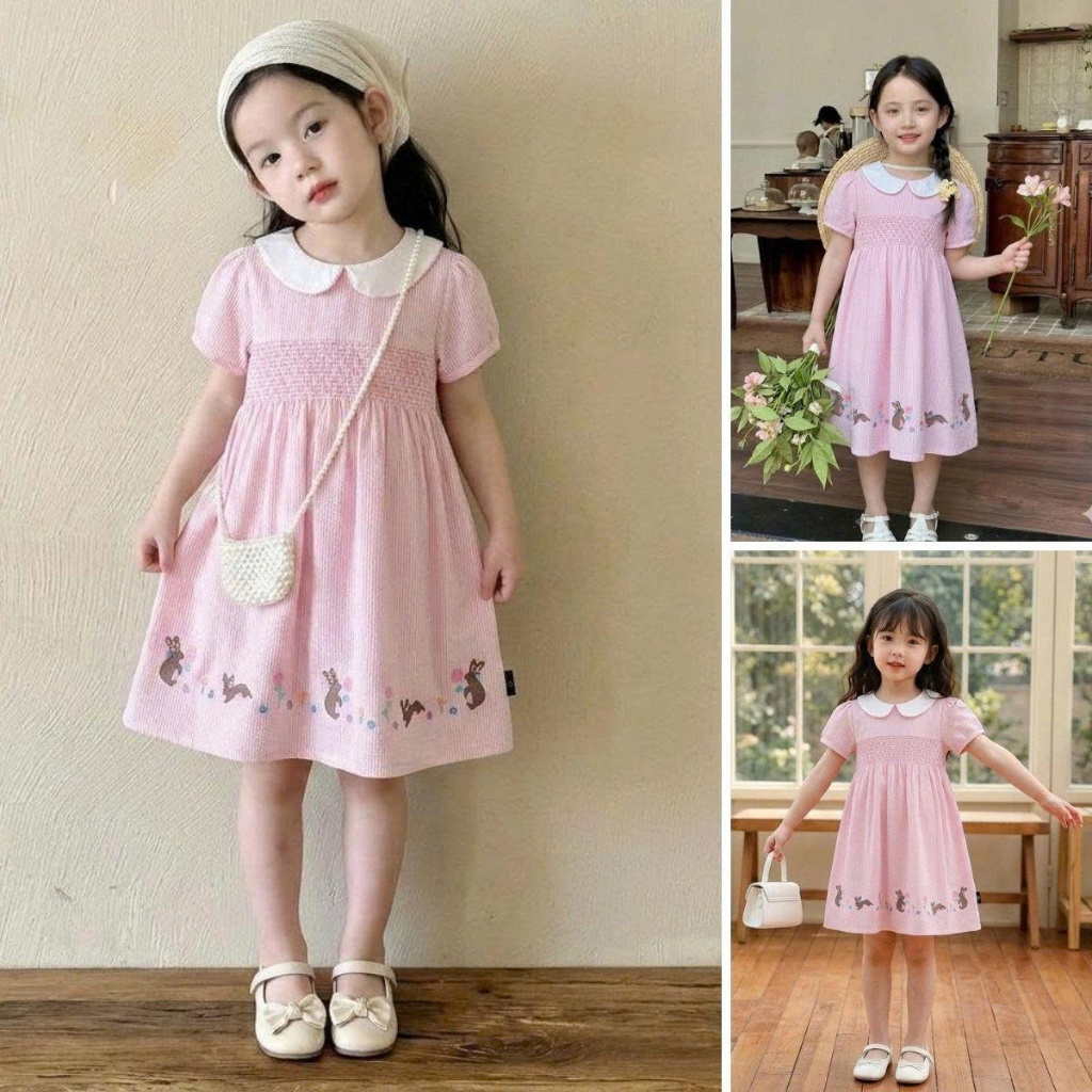 Hania kids - เดรสชมพูหวาน ลายกระต่ายในสวนดอกไม้ ใส่แล้วน่ารักเกินต้าน!  K5125586
