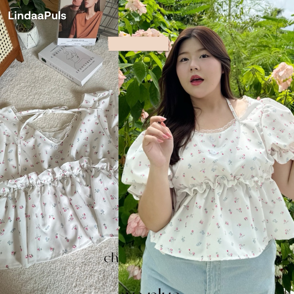 LindaaPlus-- เสื้อลายดอกไม้แขนตุ๊กตาสาวอวบอ้วน🌷🍃 ไซส์ใหญ่ ดีเทลแต่งกระดุมอก น่ารัก ผ้าเนื้อดี​ ใส่แล้วไม่ร้อน