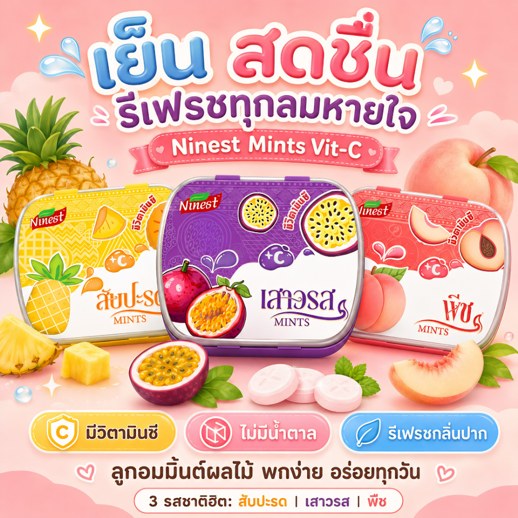 Ninest Mints ลูกอมมิ้นต์ ลูกอมกลิ่นผลไม้  ไม่มีน้ำตาล อร่อย เย็น สดชื่น ขนม ลูกอม ดับกลิ่นปาก Mint Candy