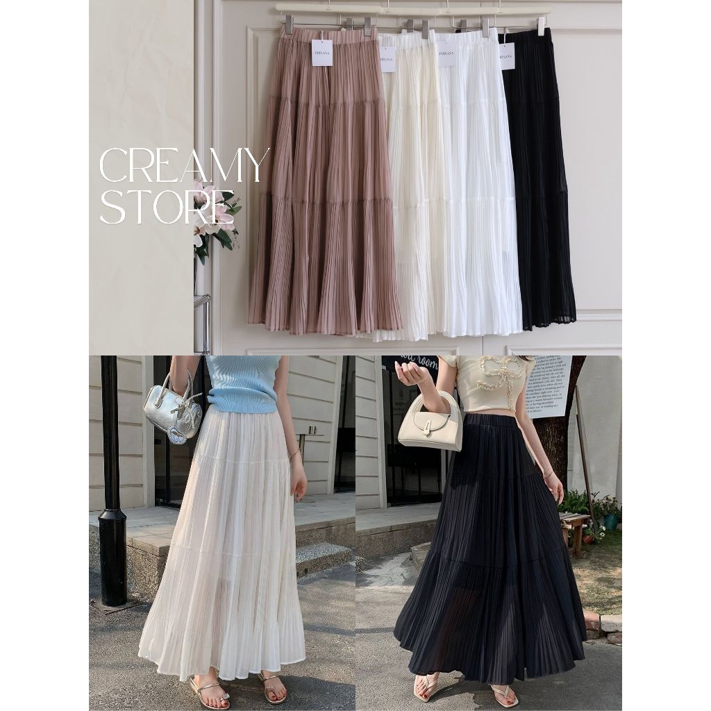 CreamyStore กระโปรงพรีทยาว เอวสมอค มีซับใน งานป้ายPrisana กระโปรงสีพื้น