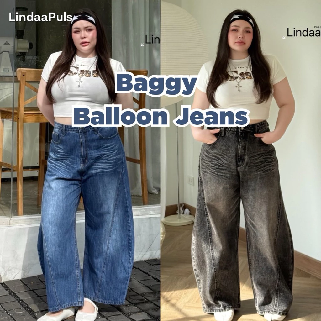 LindaaPlus--“𝑩𝒖𝒈𝒈𝒚 𝐁𝐚𝐥𝐥𝐨𝐨𝐧 𝑱𝒆𝒂𝒏𝒔” กางเกงยีนส์สาวอวบอ้วน ทรงบอลลูน/ทรงบาร์เรล (Barrel) ✨ขากระบอกใหญ่พิเศษ มี4สีนะคะ