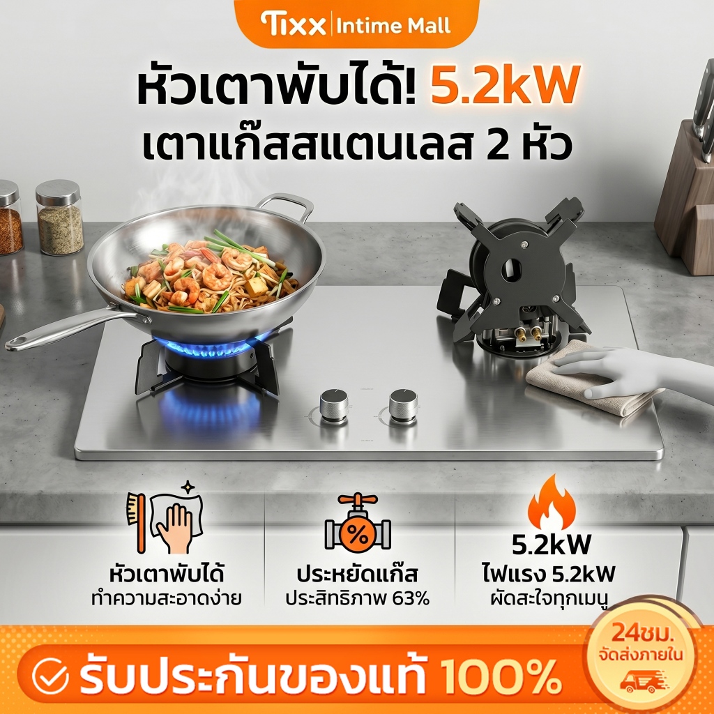 เตาแก๊ส 2 หัว 5.2kW สแตนเลส หัวเตาพับได้ ไฟแรง ประหยัดแก๊ส ทำความสะอาดง่าย TIXX Gas Stove