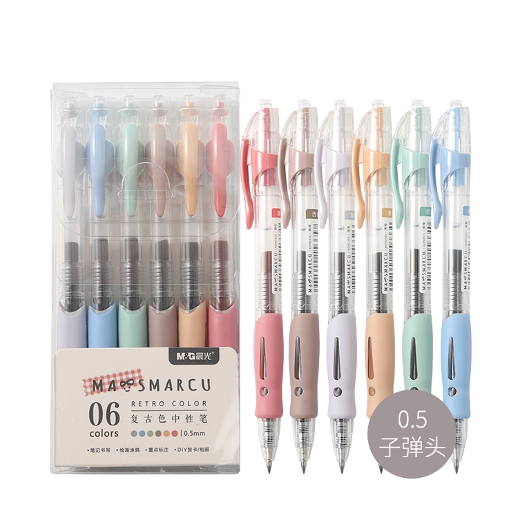 [เซ็ต 6 สี] M&G ปากกาเจลสีวินเทจ Retro Color 0.5mm ปากกาจดสรุป ปากกาสีสไตล์เกาหลี ปากกาเน้นข้อความ รุ่น AGP02315