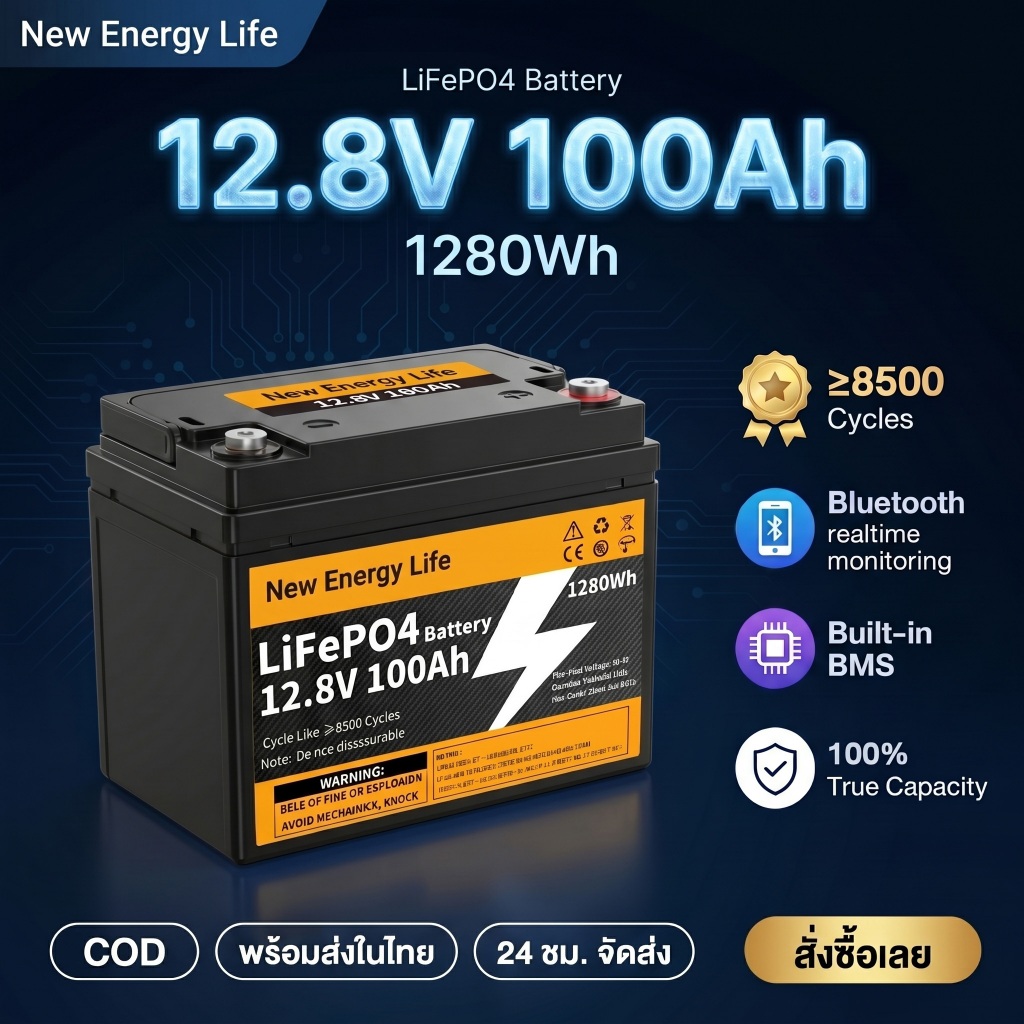 （เริ่มบลูทูธ） แบตเตอรี่ LiFePO4 แบตเตอรี่ลิเธียม 12V 100Ah พร้อมบลูทูธ UPS แบตเตอรี่สํารองไฟฟ้า ในตัว BMS 15000 รอบลึก