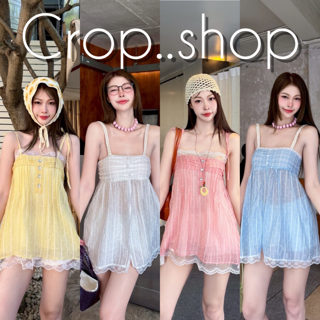 crop..shop มินิเดรสลายจุด งานสายเดี่ยว คุณหนู งานน่ารัก ละมุนสุด เเต่งชายระบายงาสวย งดงามปังเวอร์