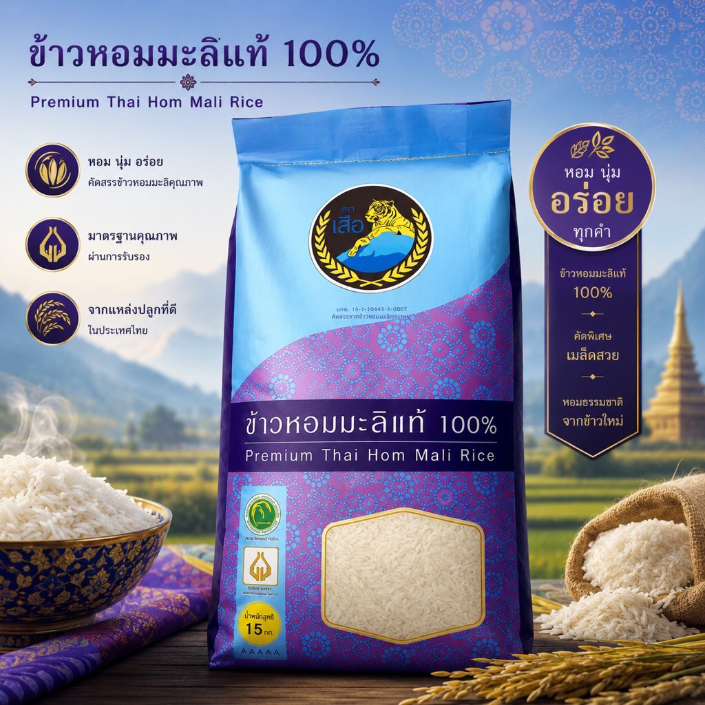 ข้าวหอมมะลิแท้ ตราเสือ Premium Thai Hom Mali Rice กระสอบสีฟ้า,ม่วง 1กระสอบ/บรรจุน้ำหนักสุทธิ 14กิโลกรัมKg