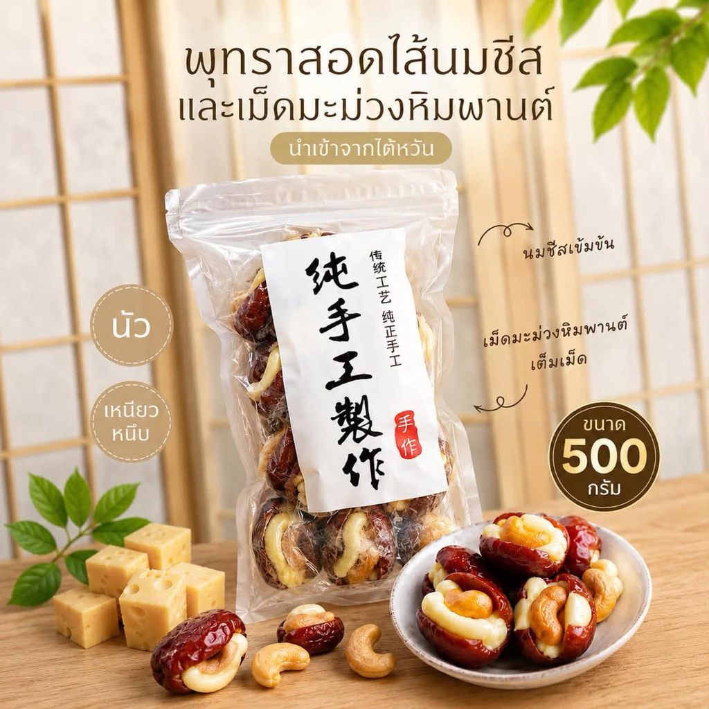 พุทราสอดไส้นมชีส🥜เม็ดมะม่วงหิมพานต์250g, 500g.ล็อตใหม่พร้อมส่ง🚀(กทม.จัดส่งทันที)