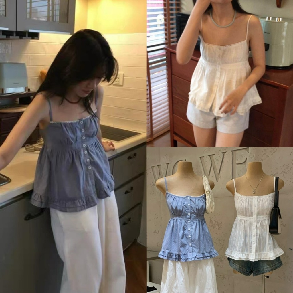 (พร้อมส่ง) Babydoll Cami เสื้อสายเดี่ยวกระดุมหน้าแต่งระบายชาย - 9393 TAG WG.WE 🇰🇷