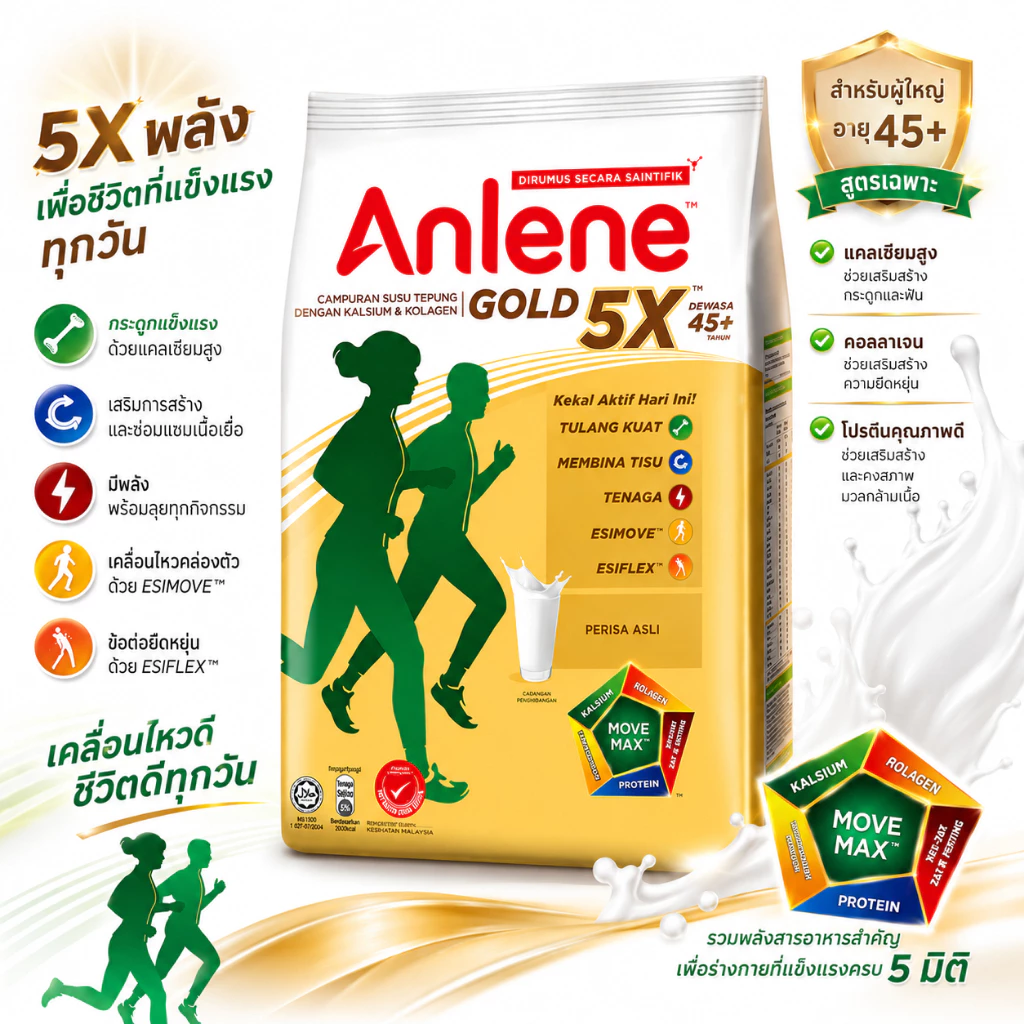 Anlene Gold 5x นมผงชงพร้อมดื่ม Anlene gold5x รสจืด ขนาด 950 กรัม