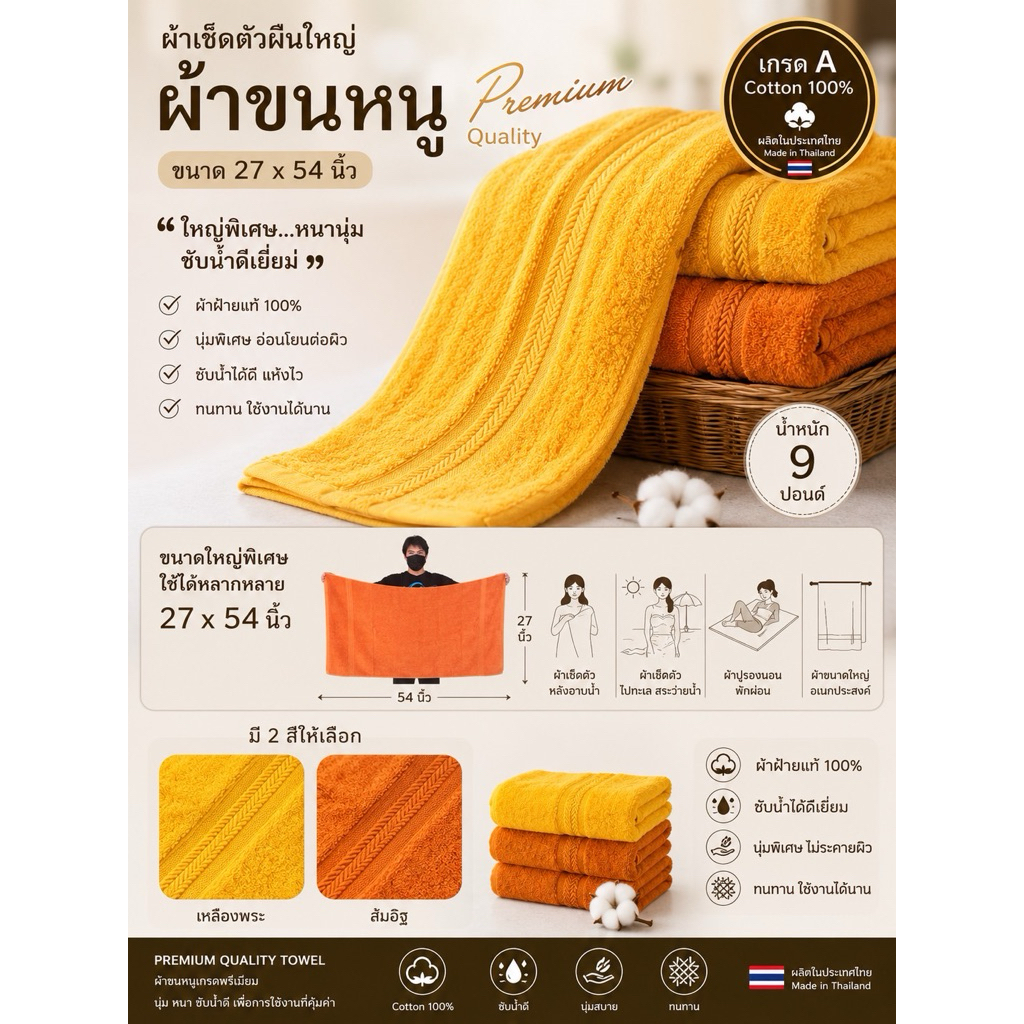 ผ้าขนหนูถวายพระ 27x54 นิ้ว ผ้าเช็ดตัวพระสงฆ์ จัดสังฆทาน ถวายพระ จัดชุดทำบุญ งานไทย เกรดA ซับน้ำดี สีเหลือง สีน้ำตาล