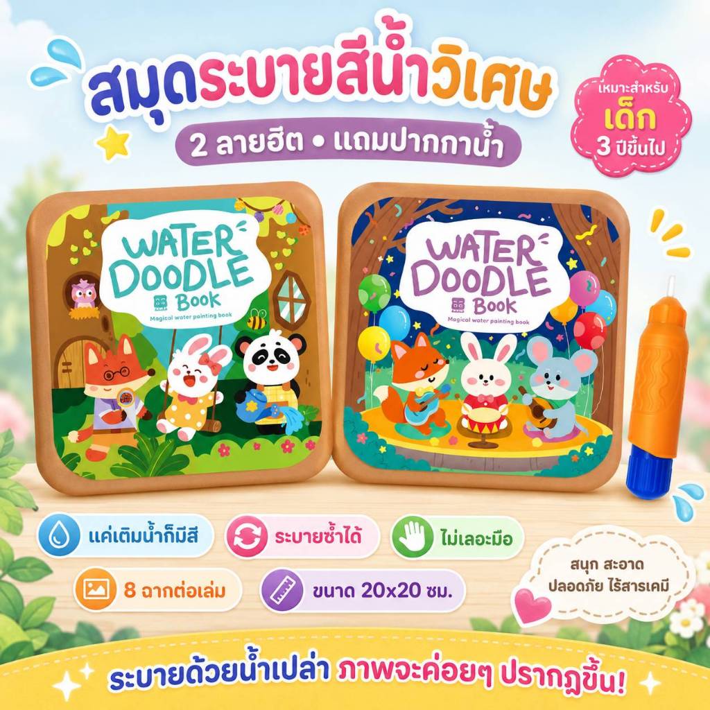 KiKi สมุดระบายสีน้ำ Magic Water Book พร้อมปากกาน้ำ ระบายซ้ำได้ หนังสือวาดภาพเด็ก ของเล่นเสริมพัฒนาการ พร้อมส่ง