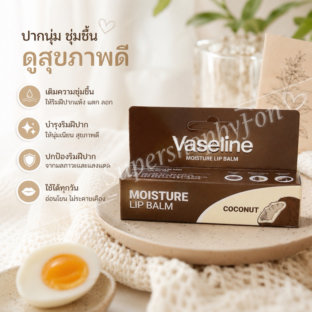 ลิปบาล์ม Foodaholic Vaseline Coconut ปากนุ่มชุ่มชื้นยาวนาน ลดปากคล้ำแห้งแตก กลิ่นมะพร้าวหอมละมุน ฉ่ำวาวสุขภาพดีสุดๆ