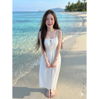 ชุดเดรสสายเดี่ยวสม็อคใส่เที่ยวทะเลสาวอวบใส่ได้
