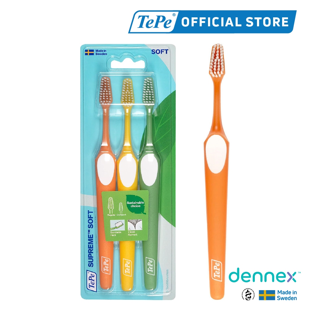 TePe Supreme แปรงสีฟัน ขนนุ่ม 2 ระดับ แปรงสีฟันเทเป้ สุพรีม แพ็ค 3 ชิ้น คละสี by Dennex