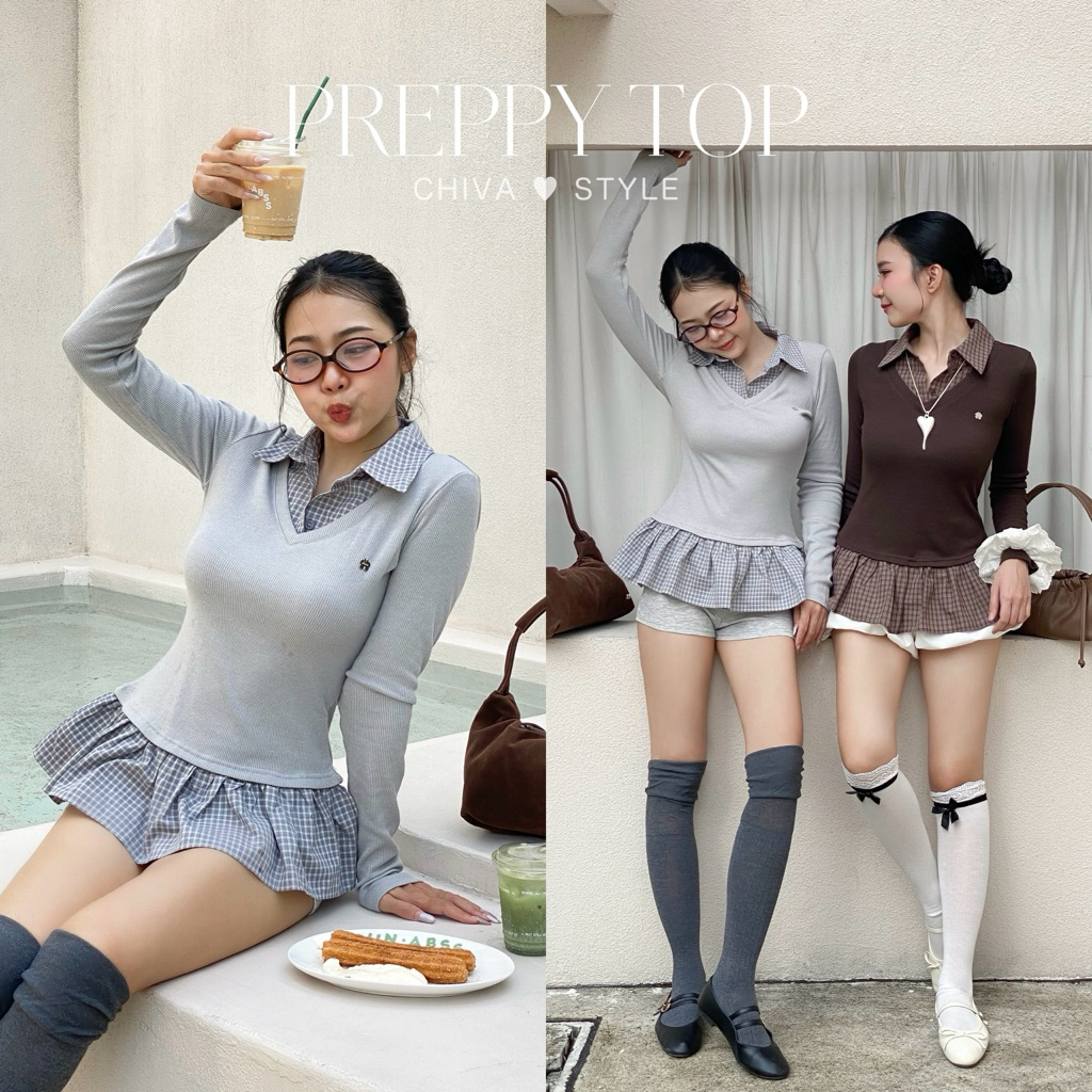 -𝐂𝐡𝐢𝐯𝐚-  Preppy Ruffle Knit | เสื้อเชิ้ตไหมพรม ชายระบายลายตาราง