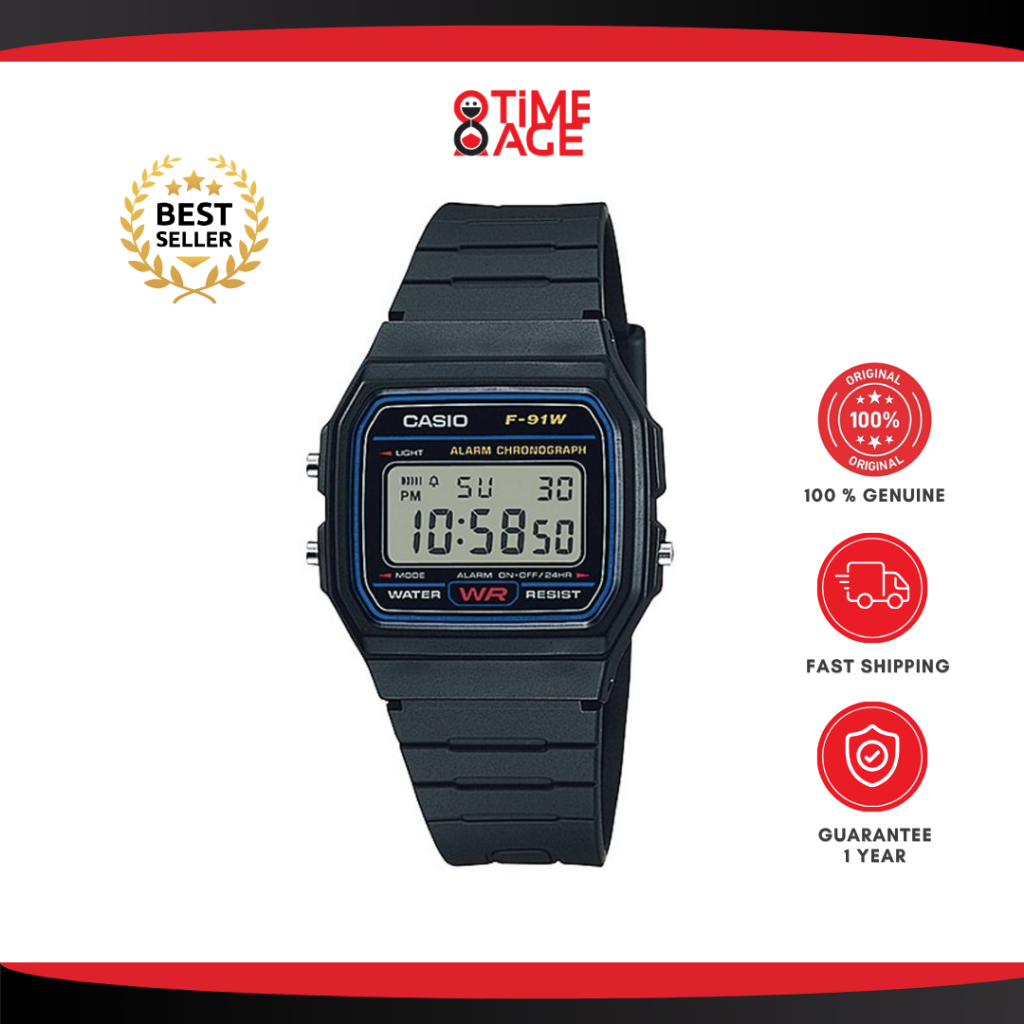 CASIO นาฬิกาข้อมือผู้ชาย CASIO รุ่น F-91W-1DG ของแท้ ประกันศูนย์ 1 ปี สายเรซิ่นสีดำ ดิจิตอล รุ่นขายดี