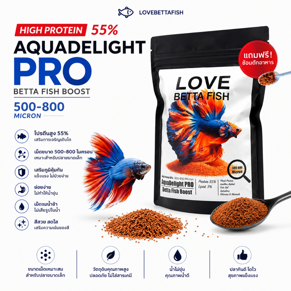 อาหารปลาเล็ก โปรตีนสูง สำหรับปลาสวยงามทุกชนิด AquaDelight Pro 500-800 ไมครอน เร่งโต เร่งสี แถมช้อนพร้อมใช้งาน
