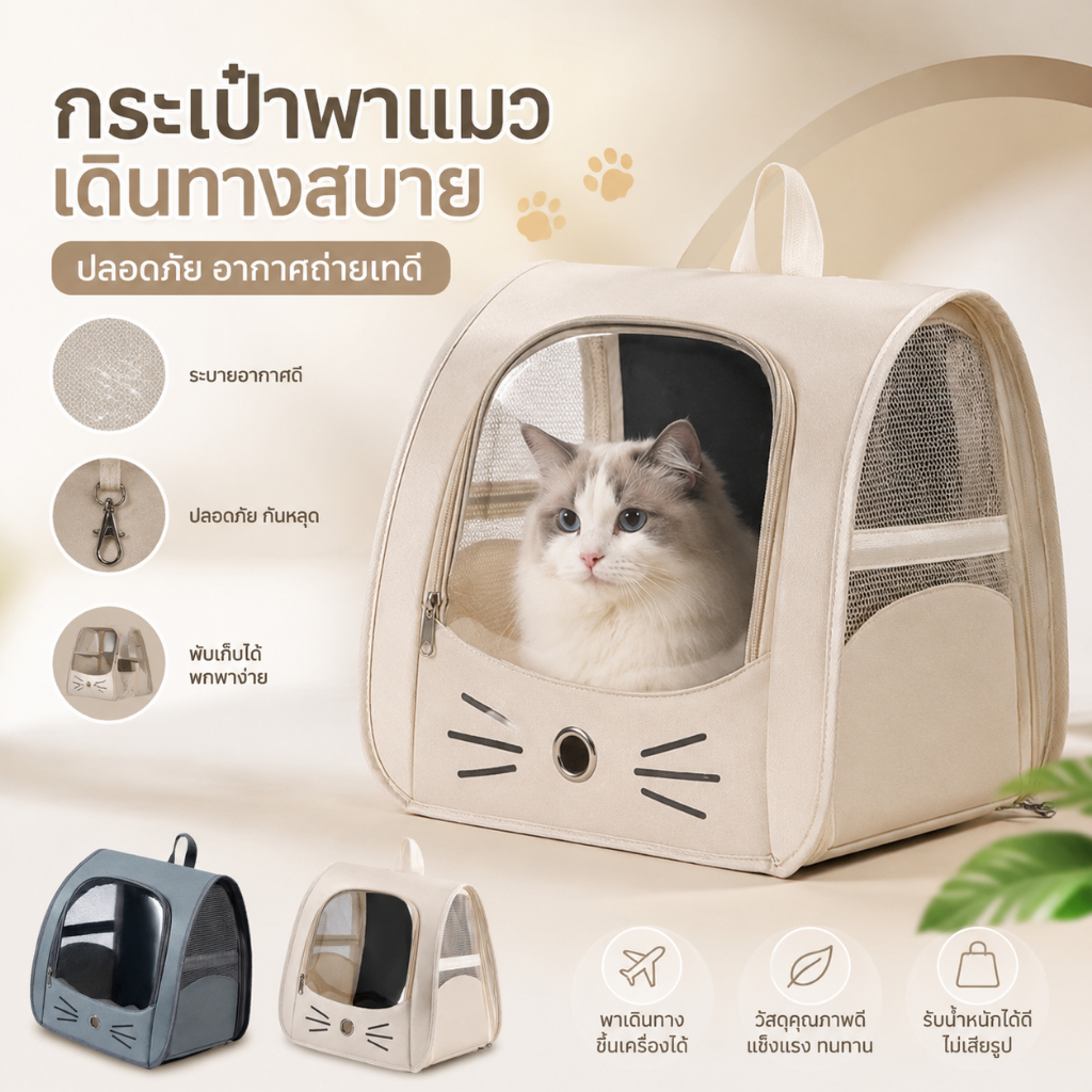 กระเป๋าเป้ใส่สัตว์เลี้ยง พับเก็บได้ ระบายอากาศได้ หน้าต่างกันสาดสองด้าน กระเป๋าสะพายแมว