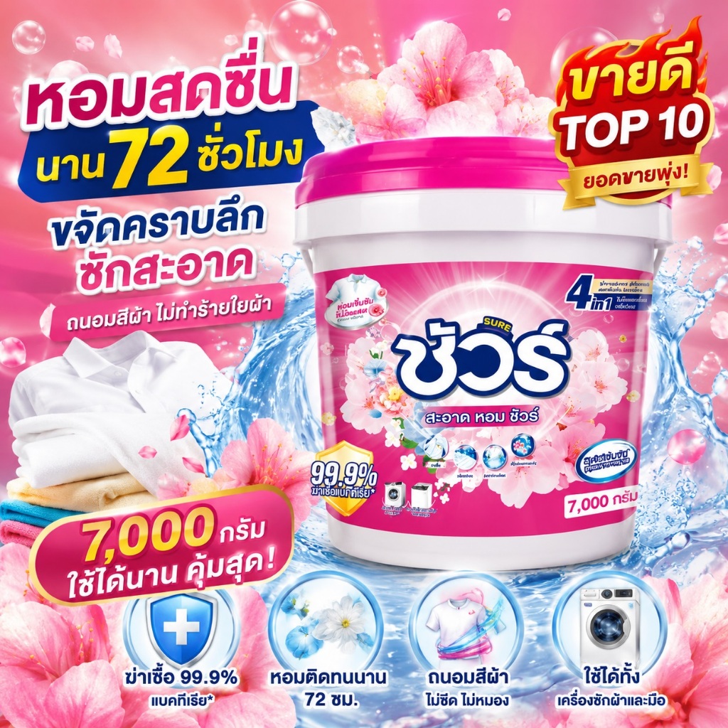 SURE 4in1 ผงซักฟอก ชัวร์ 7kg ฆ่าเชื้อ 99.9%➕อมสดชื่น 72 ชั่วโมง➕ขจัดคราบสกปรก➕ ป้องกันการตกสีห