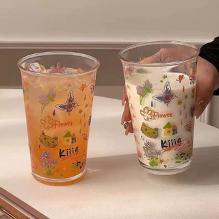 แก้วนม แก้วกาแฟ พร้อมหลอด 400 ml ลายน่ารัก สไตล์เกาหลี วัสดุแก้ว พร้อมส่ง