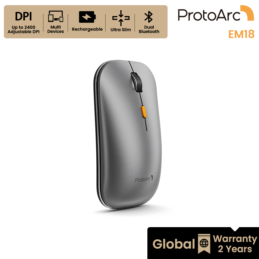 ProtoArc EM18 เมาส์ไร้สาย Bluetooth + 2.4G สำหรับ Laptop / PC / MacBook / iPad คลิกเงียบ ชาร์จไฟได้ สี Space Gray
