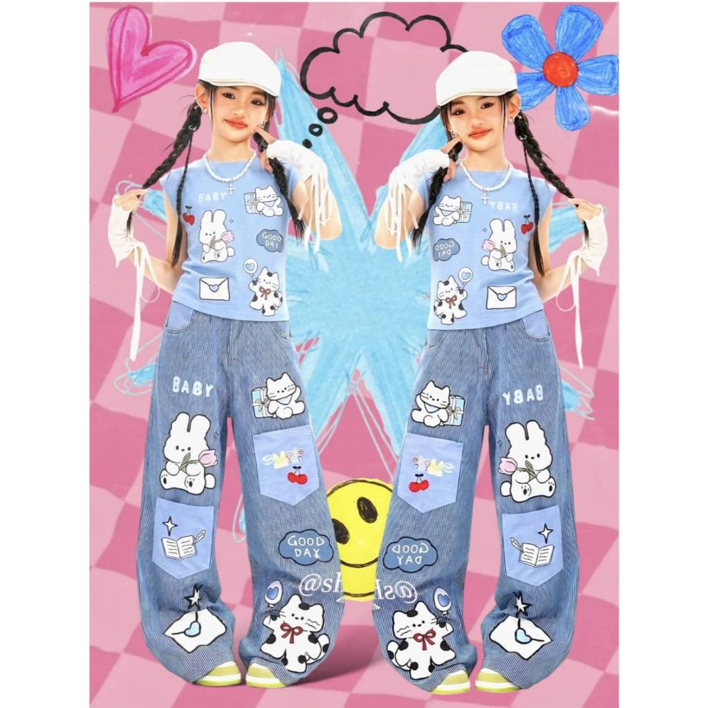 🍄🍄เซทเสื้อลายน้องกระต่ายน่ารัก💗💗 🍓🍓พร้อมกางเกงผ้ายีนส์ พิมพ์ลาย🎀 🥳🥳แต่งกระเป๋าใช้งานได้จริงเก๋สุดๆ 🏵
