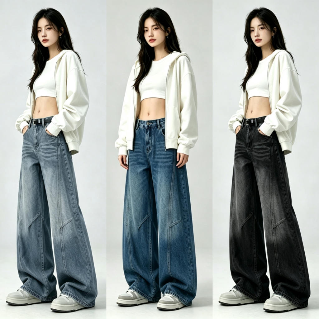 Baggy jeans ลายปัก กางเกงยีนส์เอวสูง เอวต่ำทรงบอลลูน แต่งด้านข้าง เอวเข้ารูป พางหุ่นได้ดี มีสีให้เลือก ส่งจากไทย เก็บปลา