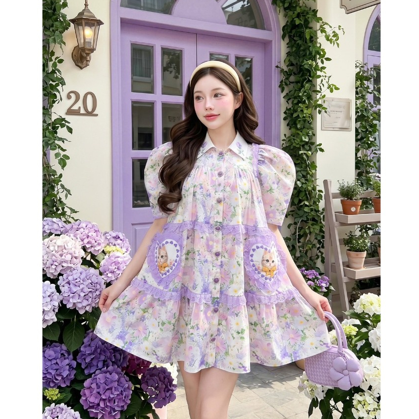 (Limited มีXL) สีม่วง Peony Purple Dress เดรสทรงปล่อยกระดุมหน้าพิมพ์ มีกระเป๋าหน้าใจด้านหน้า แขนตุ๊กตา มีซับใน