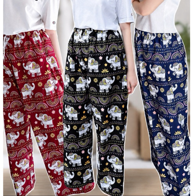 กางเกงช้างน่ารัก M-XL (เอว 24-58“) กระเป๋า 2 ข้าง กางเกงขายาวผู้หญิงใส่สบาย ลายน่ารัก ผ้าไหมอิตาลี ไม่ต้องรีด