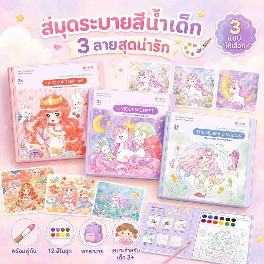 KiKi สมุดระบายสีน้ำเด็ก Watercolor Coloring Book แบบพกพา 3 แบบให้เลือก พร้อมพู่กัน ระบายสีง่าย ของเล่นเสริมพัฒนาการ 3+
