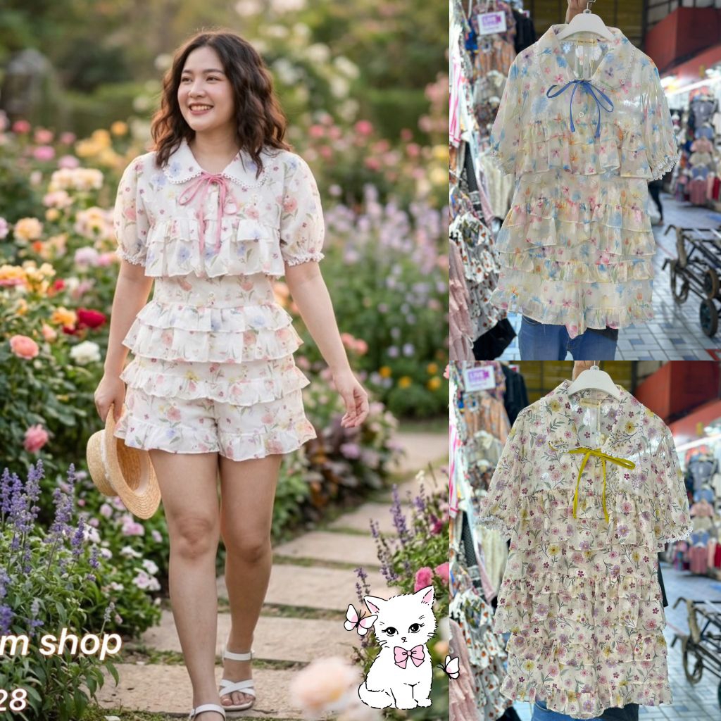 ชุดเซ็ทแฟชั่นสาวอวบ💮เสื้อระบายชั้น+กางเกงระบายชั้นผ้าชีฟองลายสวย ทรงสวย🫒