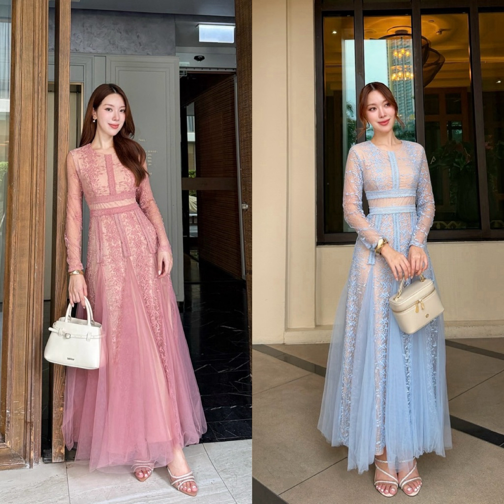 เดรสแขนยาว ดีไซน์ผ้าลูกไม้ปักลายละเอียดทั้งชุดผสมกับผ้าซีทรู มีซับในเนื้อเนียนนุ่มใส่สบาย ปลายกระโปรงทรงพริ้วบาน #abi