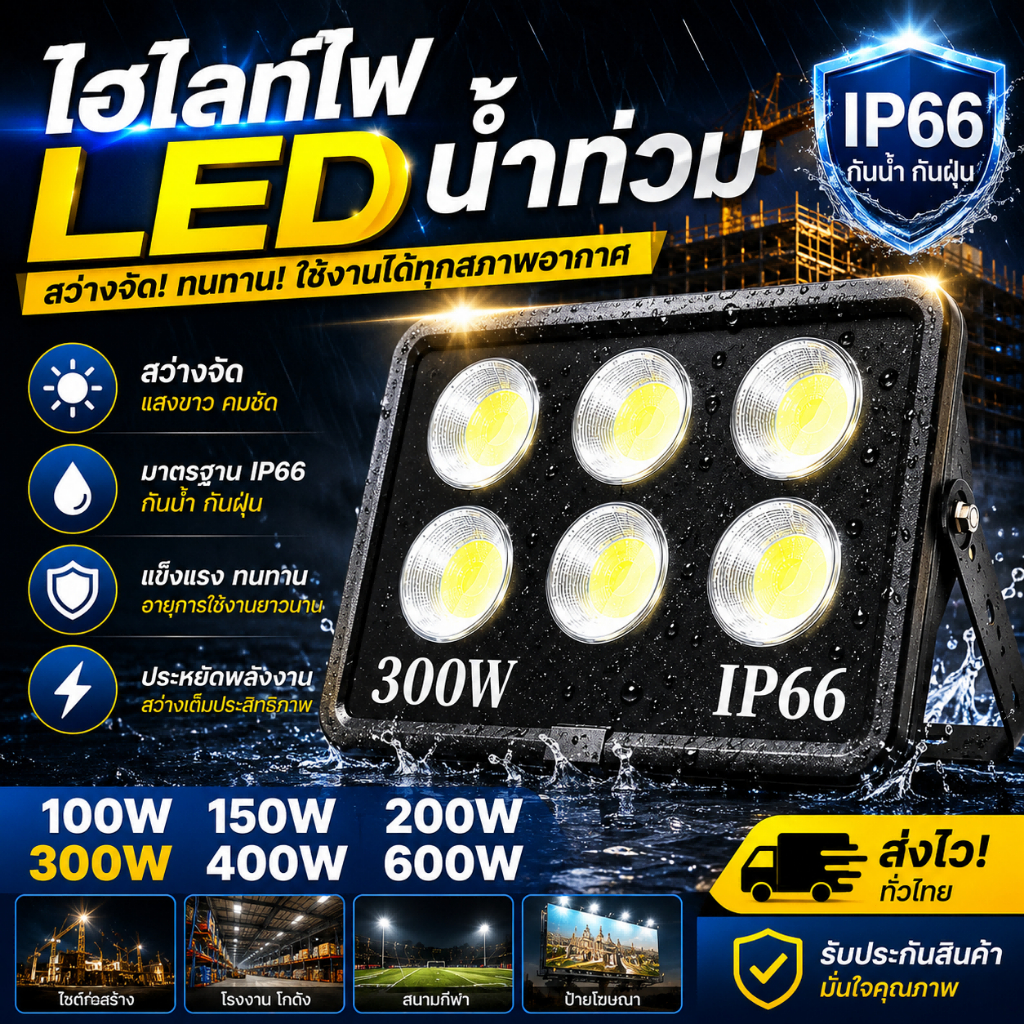 สปอตต์ไลท์ Spotlight LEDflood light 100W 200W 300Wไฟส่องตึกไฟส่องป้ายไฟส่องนามCOB ถูกที่สุด กันน้ำ กันฝน น น้ำหนักเบา