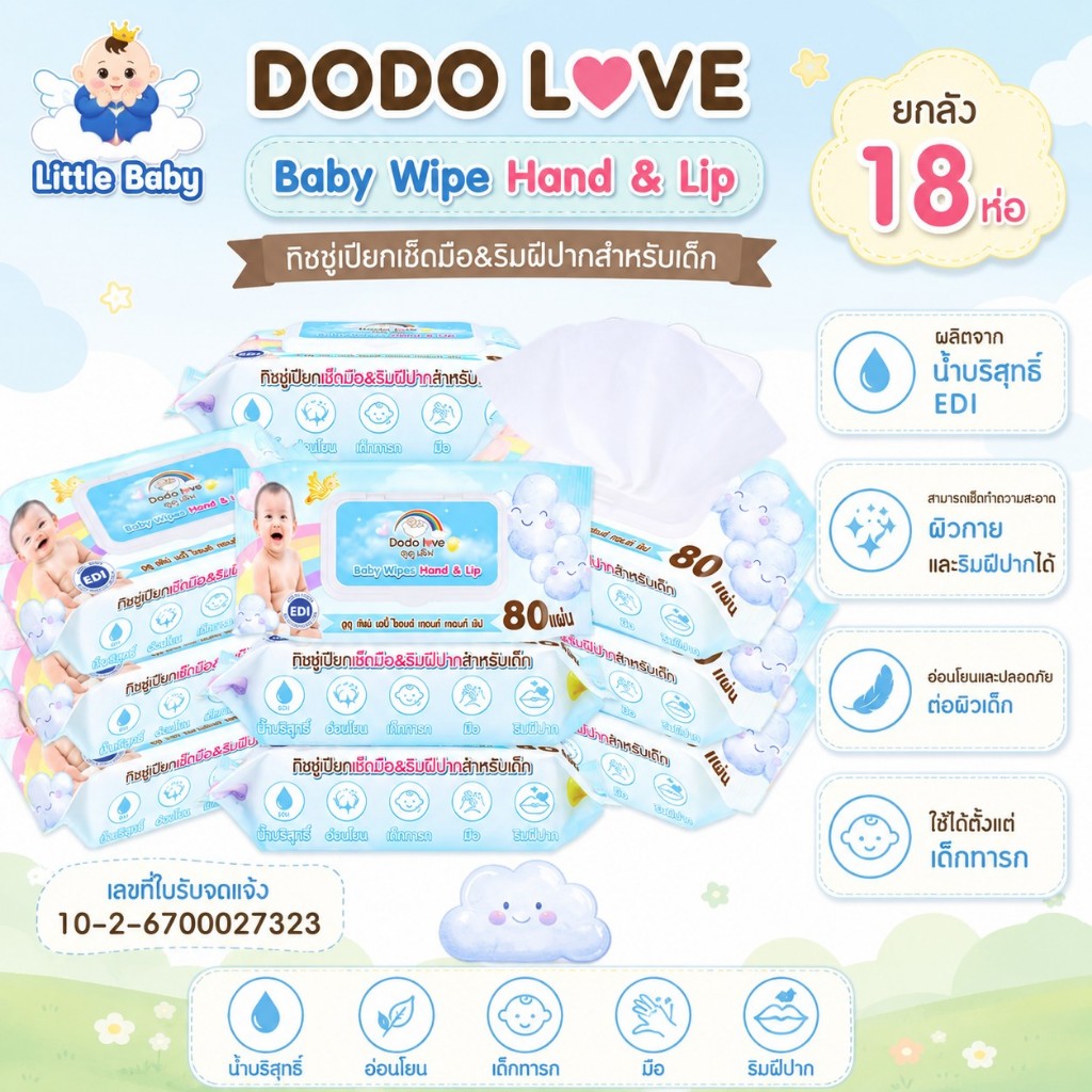 [9แถม9] DoDolove ทิชชู่เปียกเด็ก Hand & Mouth สูตรอ่อนโยนพิเศษ เช็ดมือและปากได้ ไร้แอลกอฮอล์ พร้อมส่ง