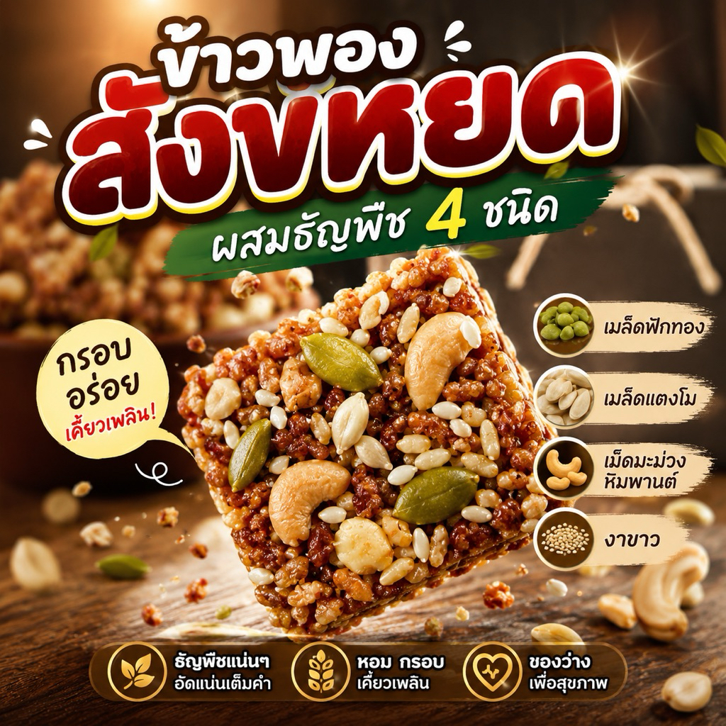 ข้าวพองสังข์หยดอบกรอบผสมธัญพืช 4 ชนิด 1 ห่อมี 10 ชิ้น