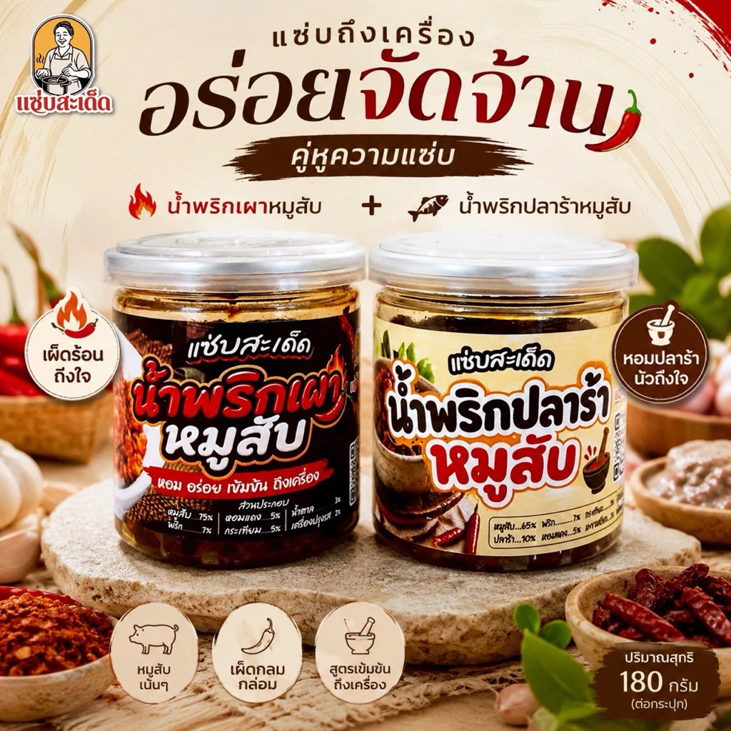 [โปร 2 กระปุก แซ่บสะเด็ด]”น้ำพริกเผาหมูสับ+น้ำพริกปลาร้าสับ แซ่บสะเด็ด ทานคู่กับอะไรก็อร่อย เผ็ดกำลังดี ทำสดใหม่ สะอาด