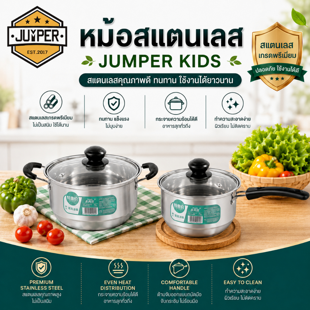 JUMPER KIDS หม้อ สแตนเลส มี แบบด้าม และ แบบมีหู พร้อมฝาปิด ขนาด18 ซม.ใช้กับเตาแก๊ส เตาถ่าน เตาไฟฟ้า