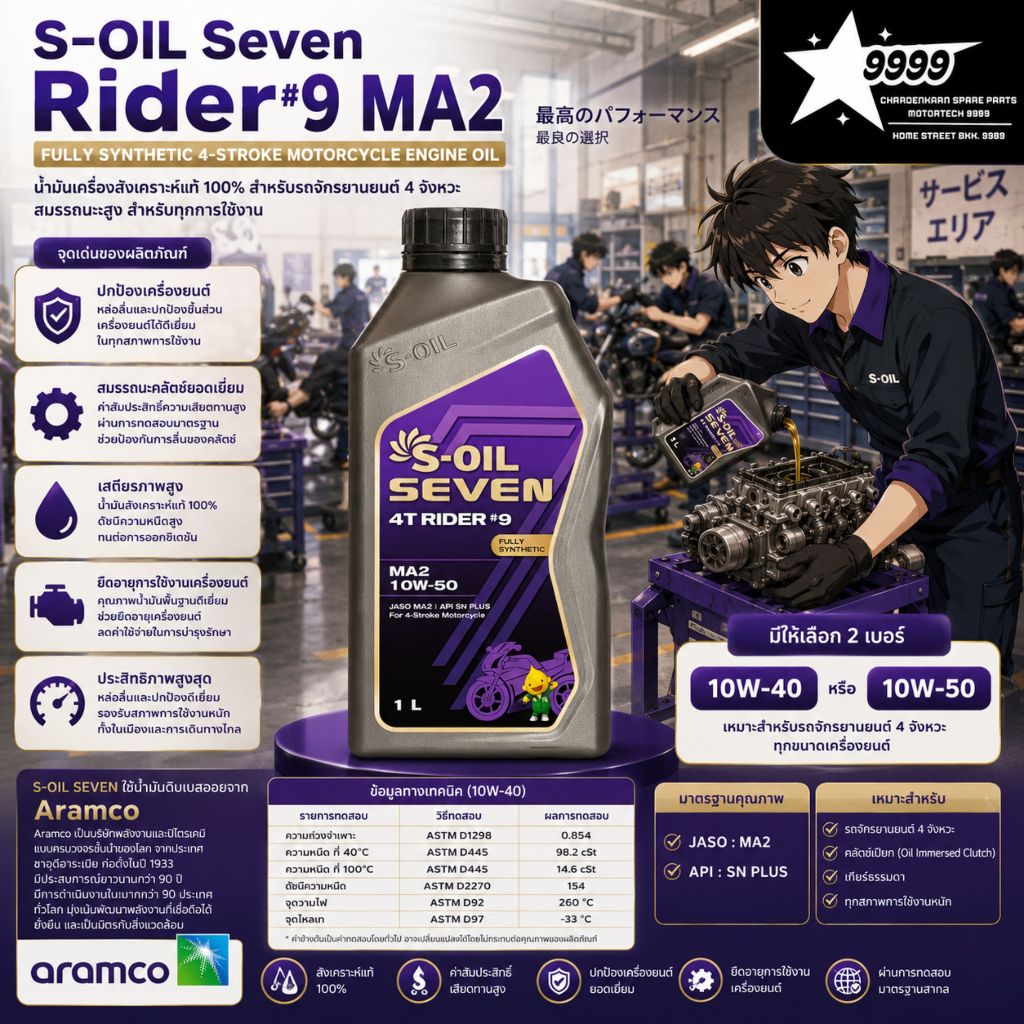 น้ำมันเครื่อง S-Oil Seven Rider #9 10W40 / 10W50 JASO MA2 ขนาด 1 ลิตร