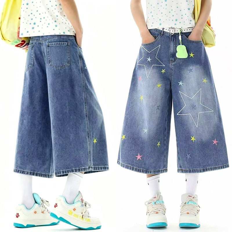 S-10XL กางเกงยีนส์ 7 ส่วน ลายปักดาวสไตล์เกาหลี สีสันน่ารัก ผ้านิ่มใส่สบาย