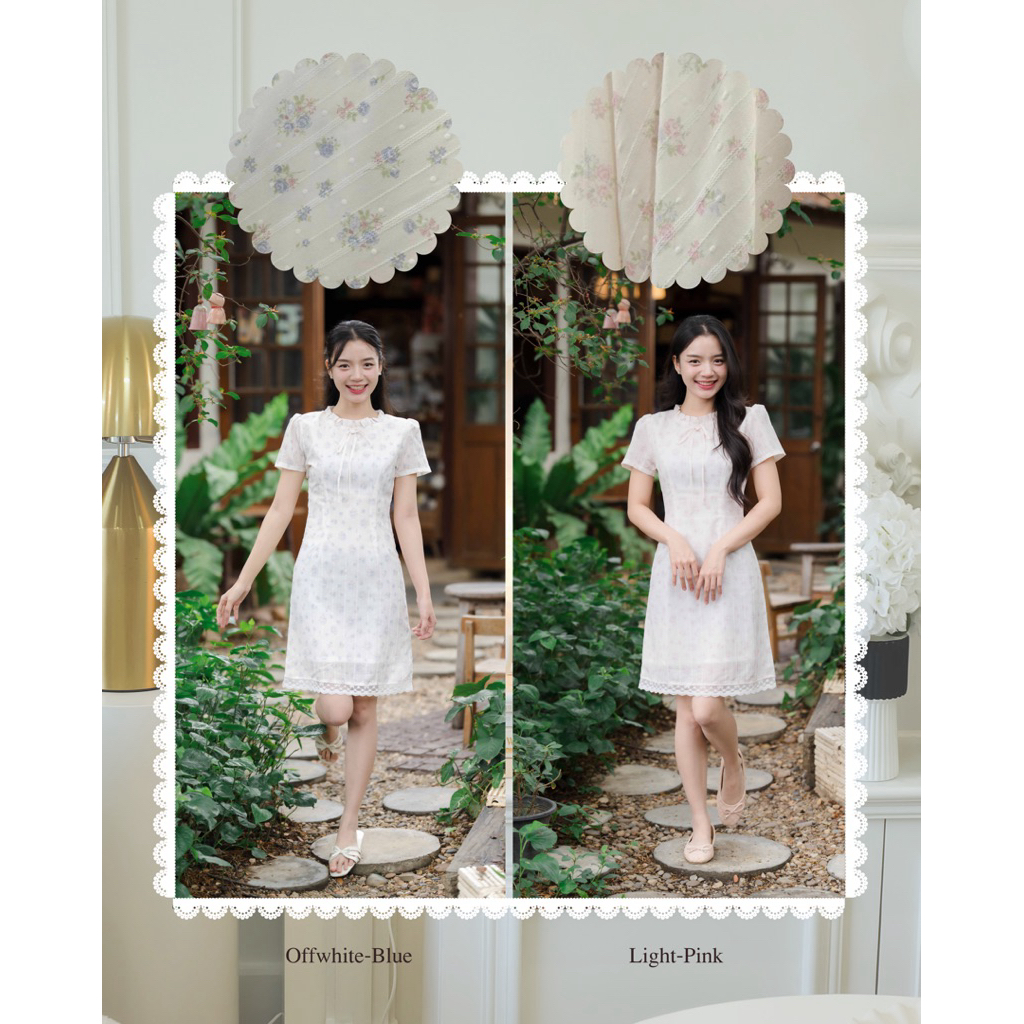 🫐🎀KK006 | เดรสคอระบายเข้ารูปทรงเอ ผ้าลายดอกไม้(ชายลูกไม้)