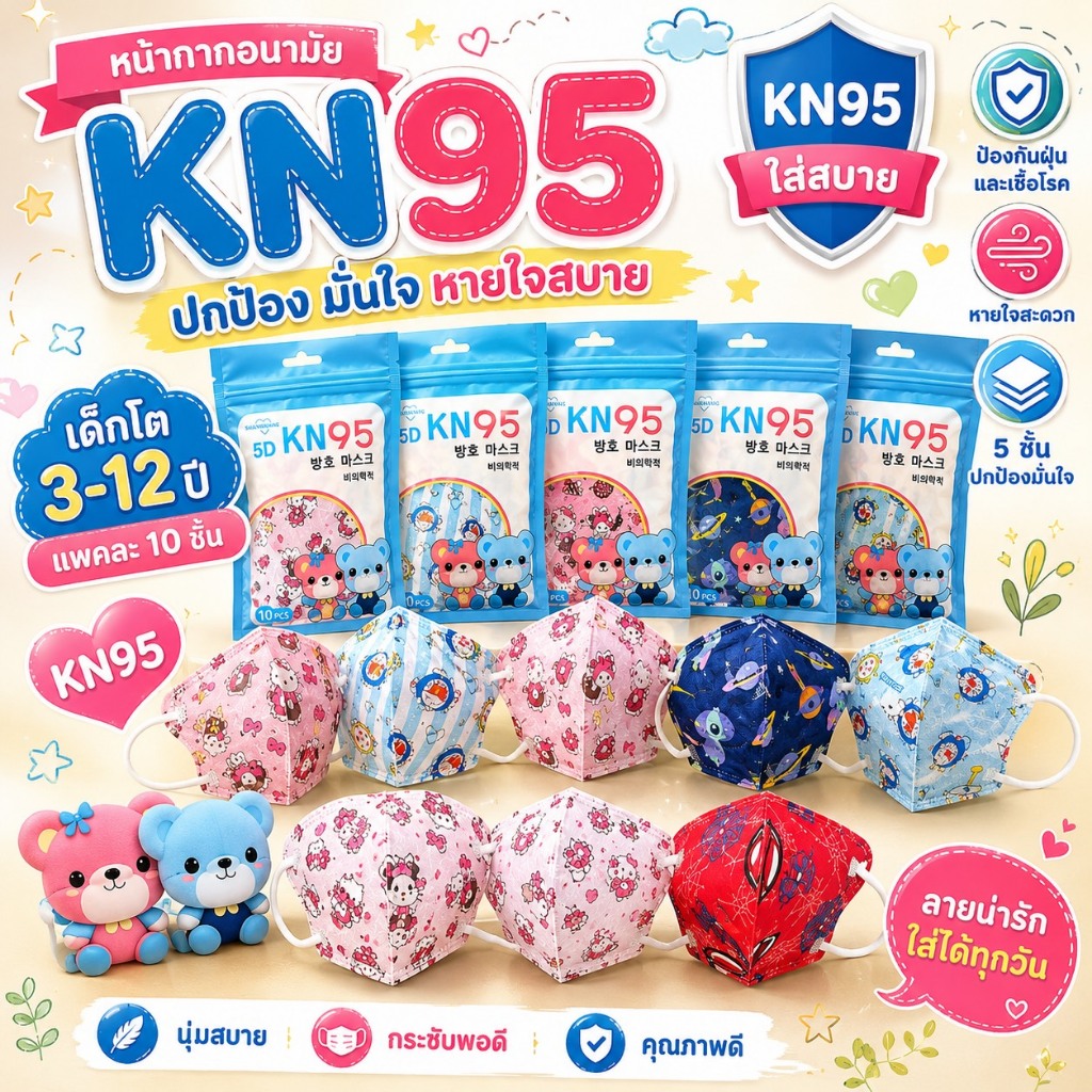 KN95 เด็กโต4-12ปี 1แพค10ชิ้น (หนา5ชั้น) พร้อมส่งทุกวัน – โปรปัง