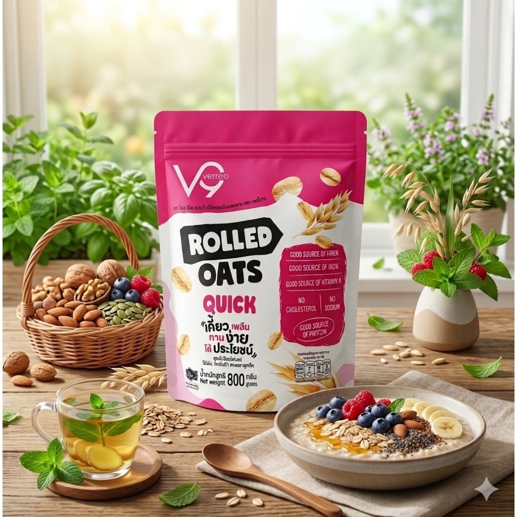 ข้าวโอ๊ตอบชนิดบดหยาย เกรดพรีเมี่ยมจากแคนาดา แบรนด์ Verre9 (เวอรี่นาย) Rolled Oats Quick 800g