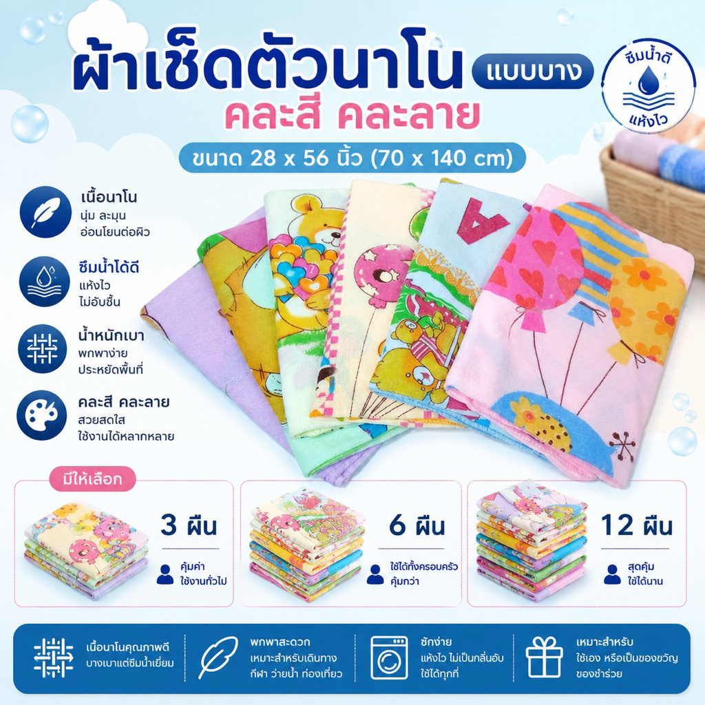 ผ้าเช็ดตัว เด็กอ่อน ไมโครไฟเบอร์ ขนาด 22x46นิ้ว