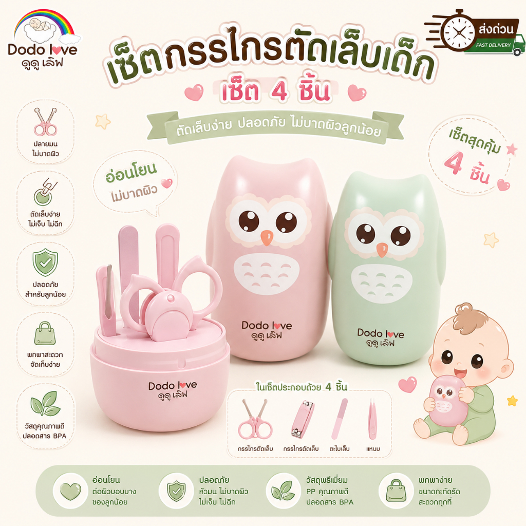 ส่งด่วน Mommykids x Dodolove ชุดกรรไกรตัดเล็บเด็ก 4 ชิ้น (กรรไกร/กรรไกรหัวสั้น/ตะไบ/แหนบ) ครบเซ็ต สะดวก ปลอดภัย