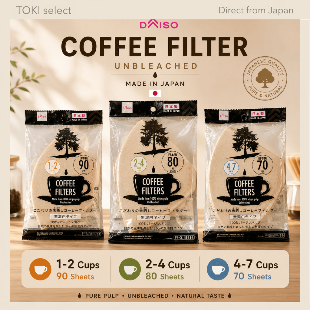 DAISO Japan Coffee Filter Paper Unbleached Drip Filter 1-2 2-4 4-7 Cups Made in Japan