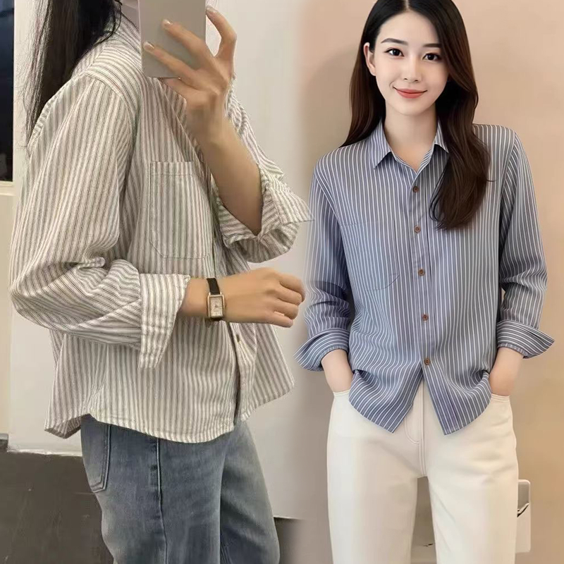 Cuties W716  เสื้อโปโลคอปกแบบลำลอง ทรงหลวม เสื้อแขนยาวลายทาง เสื้อผ้าผู้หญิง