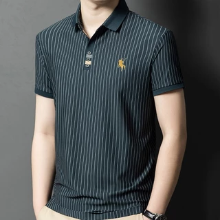 kcloset - เสื้อโปโลผู้ชายแขนสั้นลายทางสไตล์ลำลอง ทำจากผ้าไหมน้ำแข็ง