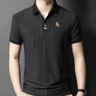 kcloset - เสื้อโปโลผู้ชายแขนสั้นลายทางสไตล์ลำลอง ทำจากผ้าไหมน้ำแข็ง