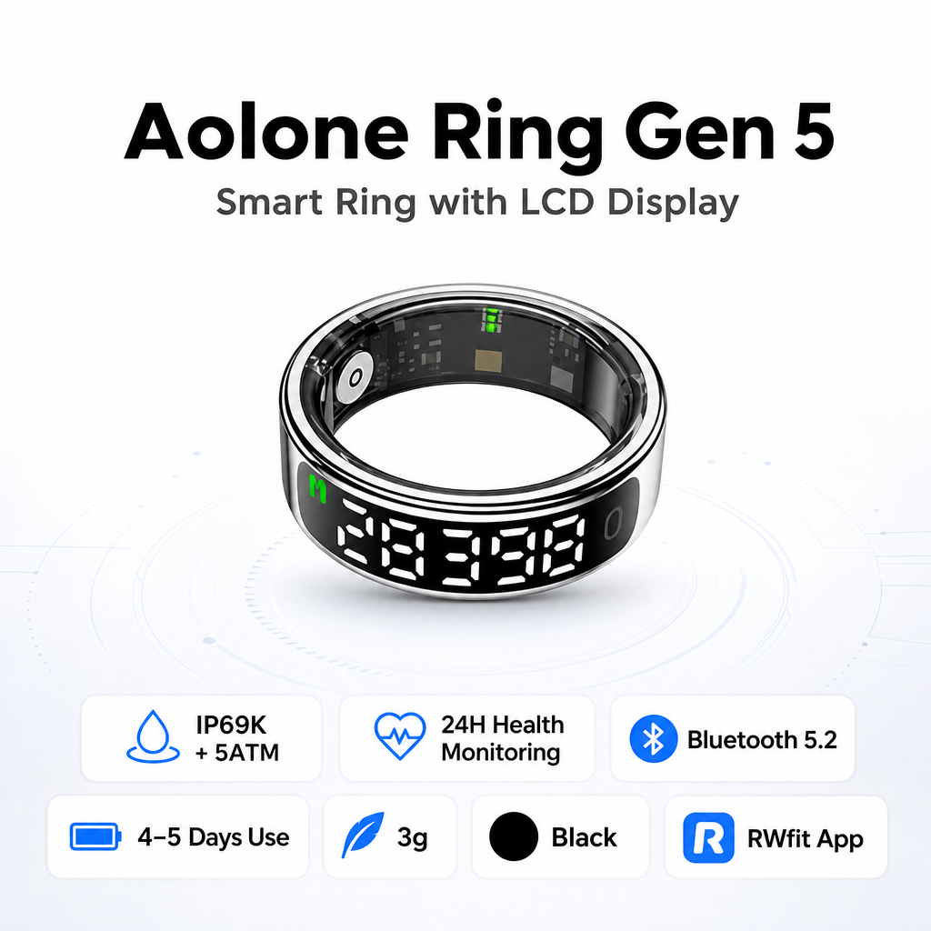 แหวนอัจฉริยะ Aolone Ring Gen 5 หน้าจอ LCD IP69K ติดตามสุขภาพ 24 ชม แหวนออกกำลังกาย นับก้าว Bluetooth 5.2