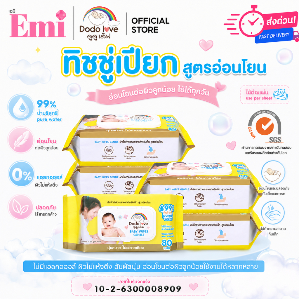 [ยกลัง6ห่อ] DoDolove ส่งด่วน ทิชชู่เปียก ดึงไม่ติดกัน BABY WIPES ผ้าเช็ดทําความสะอาด 80แผ่น สูตรอ่อนโยน ทิชชู่เด็ก